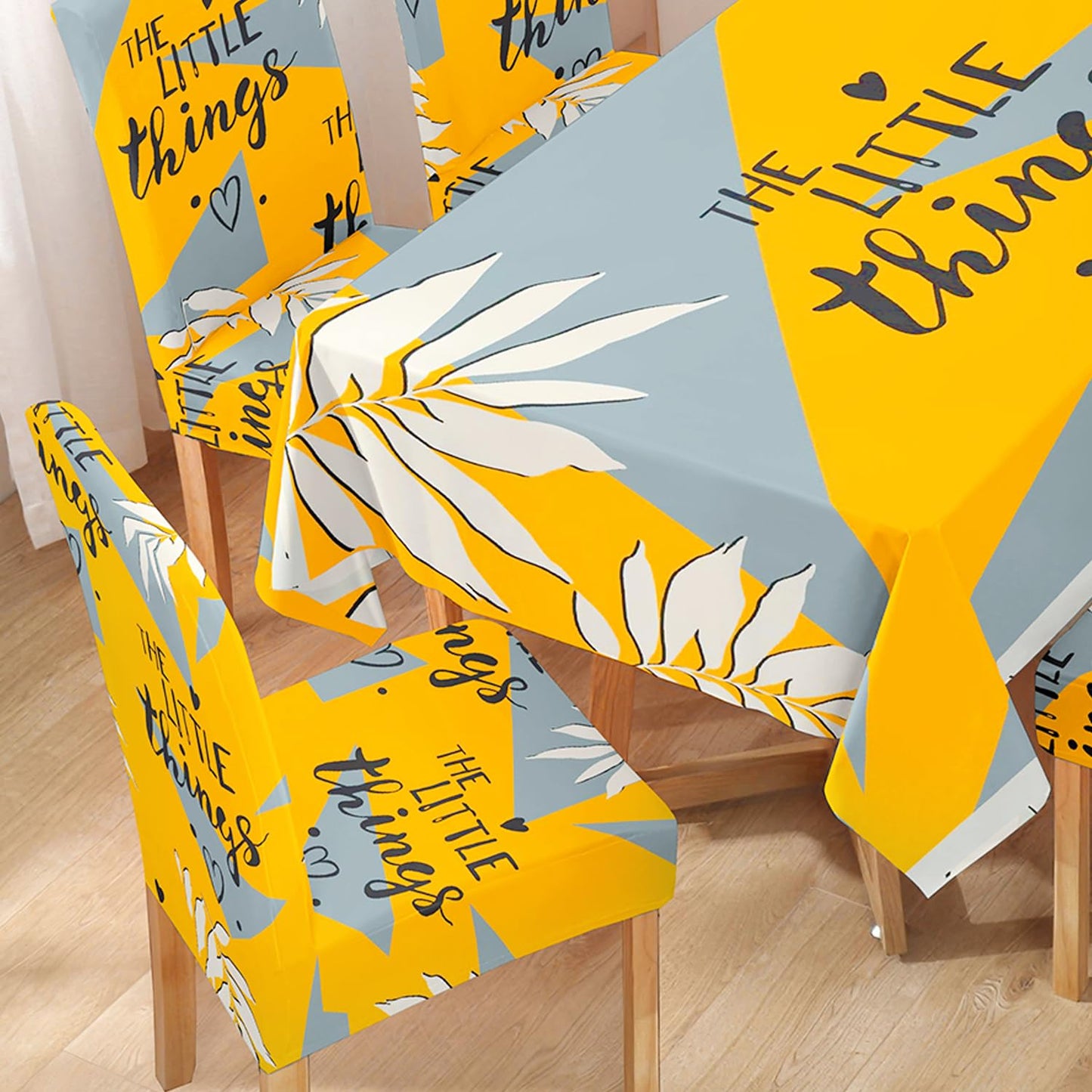 HOKIPO Polyester Dining Chair Covers Set of 4/6 with Matching Tablecloth, Typography Cyber Yellow