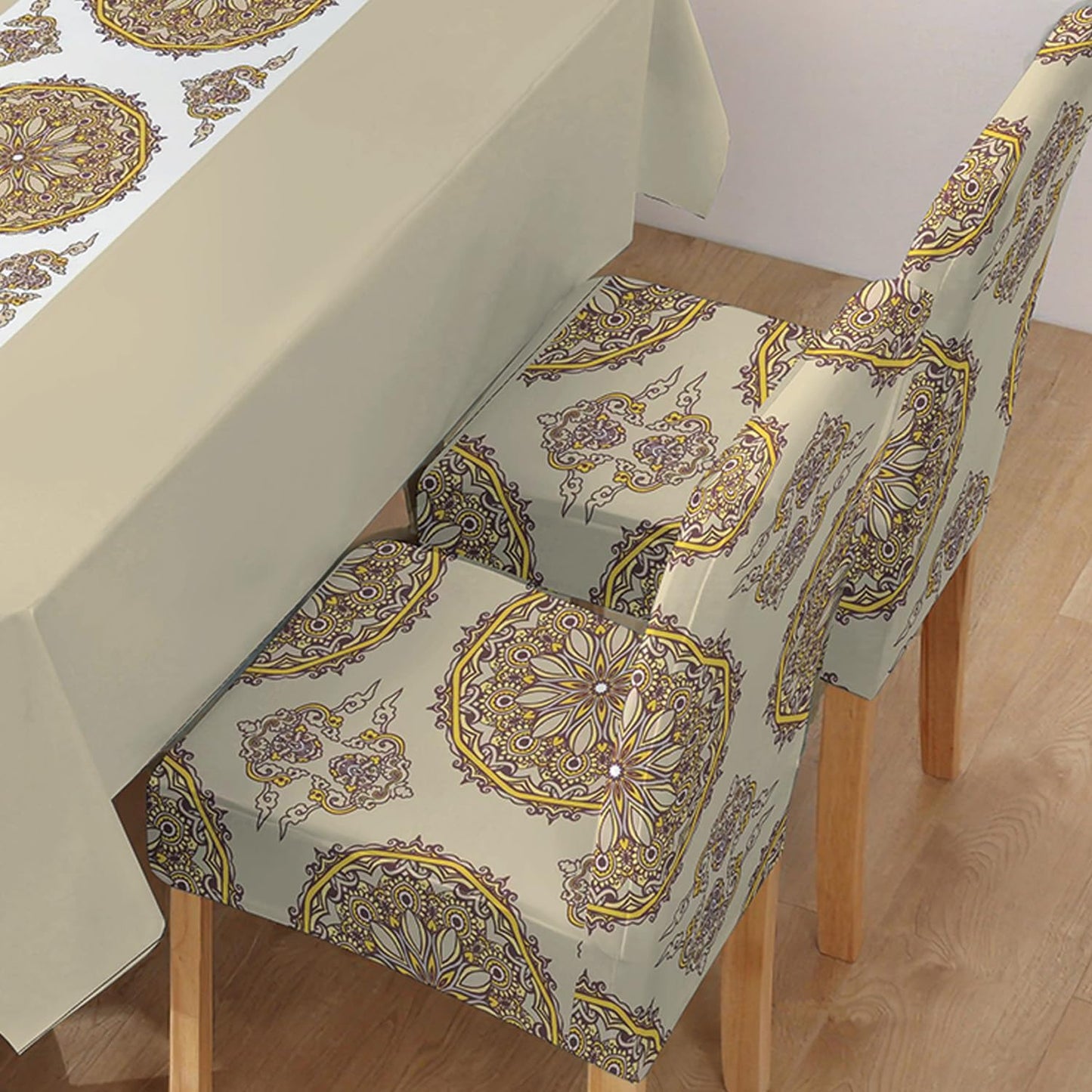 Polyester Dining Chair Covers Set of 4/6 with Matching Tablecloth, Mandala Sand Brown