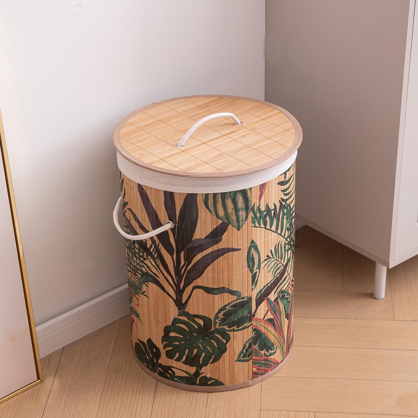 Eco-Friendly Foldable Bamboo Laundry Basket Hamper with Lid, Large, 61 Litre, Ficus Leaves