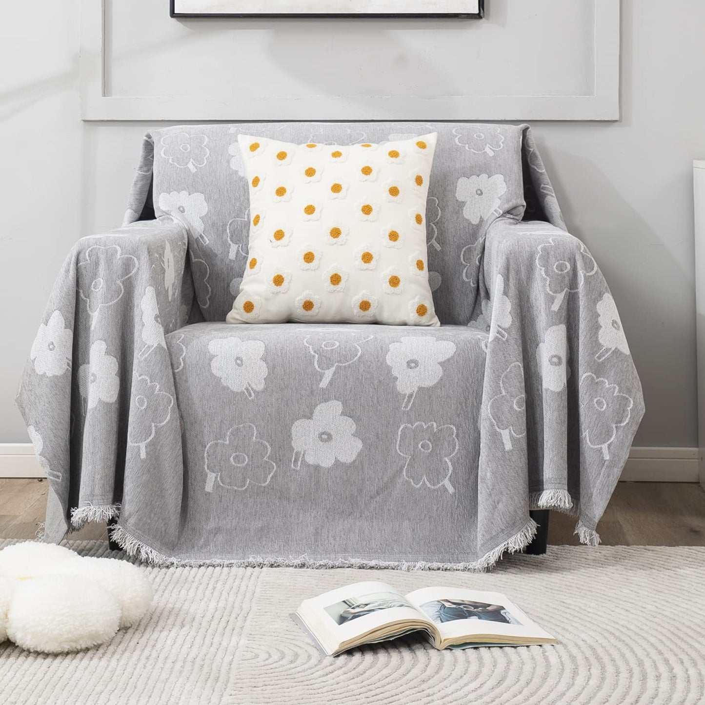 Grey Floral Chenille Sofa Throw | Thick & Soft for 1/2/3 Seater