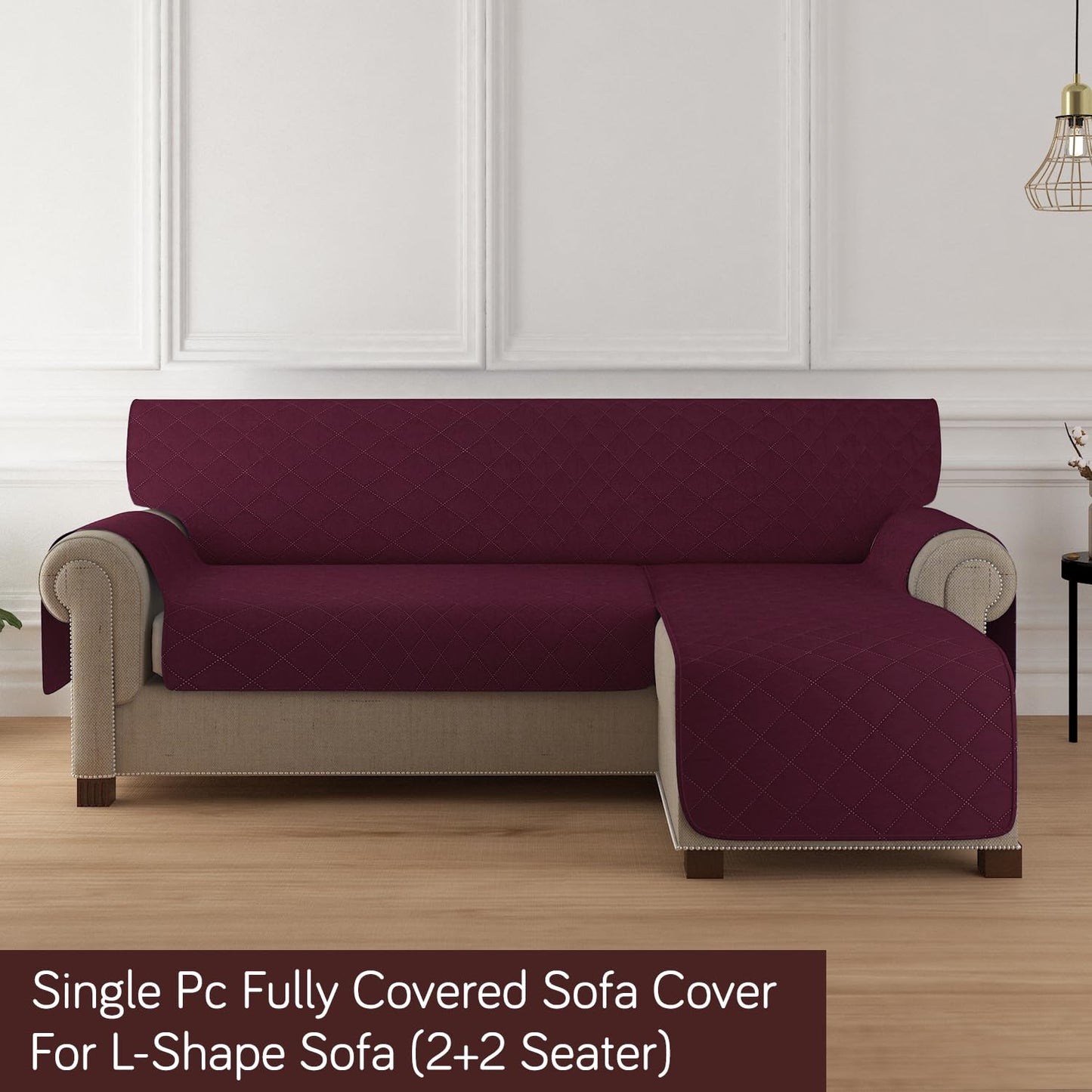 Quilted Reversible One Piece L Shape 4/5/6 Seater Sofa Cover Mat, Burgundy