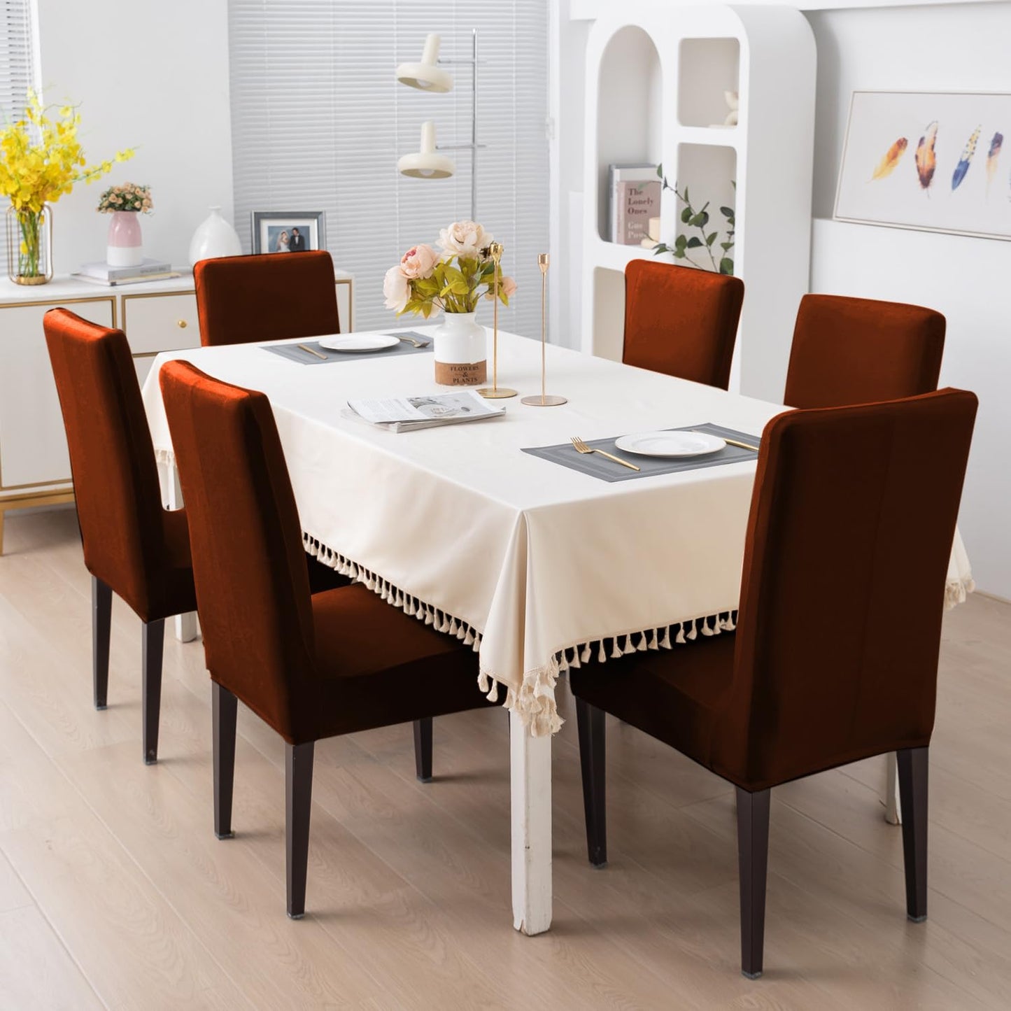 Elastic Stretchable Premium Velvet Dining Chair Cover, Rustic Brown