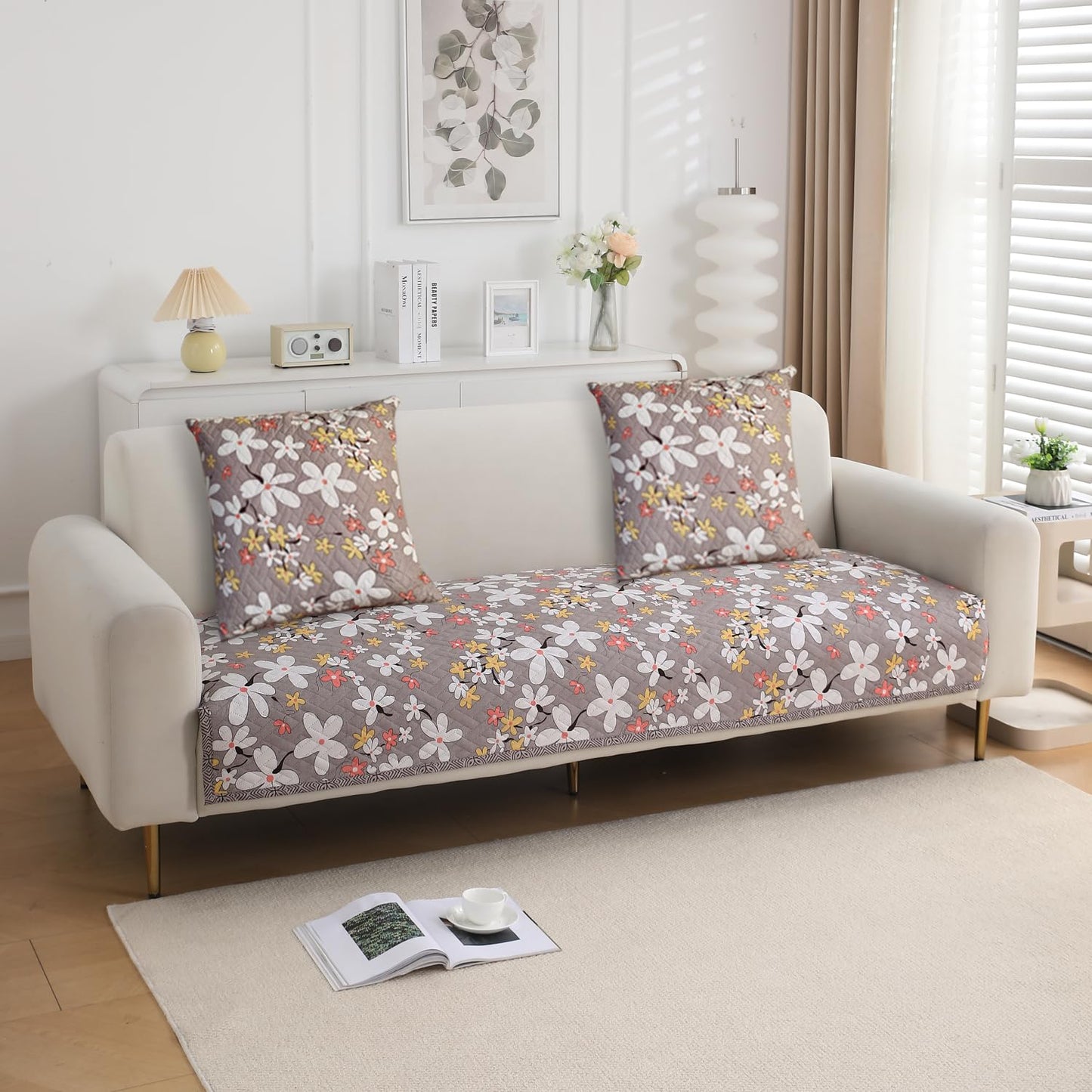 Printed Quilted Sofa Cushion Cover Pack of 2, Pastel Brown Sandwort Flower