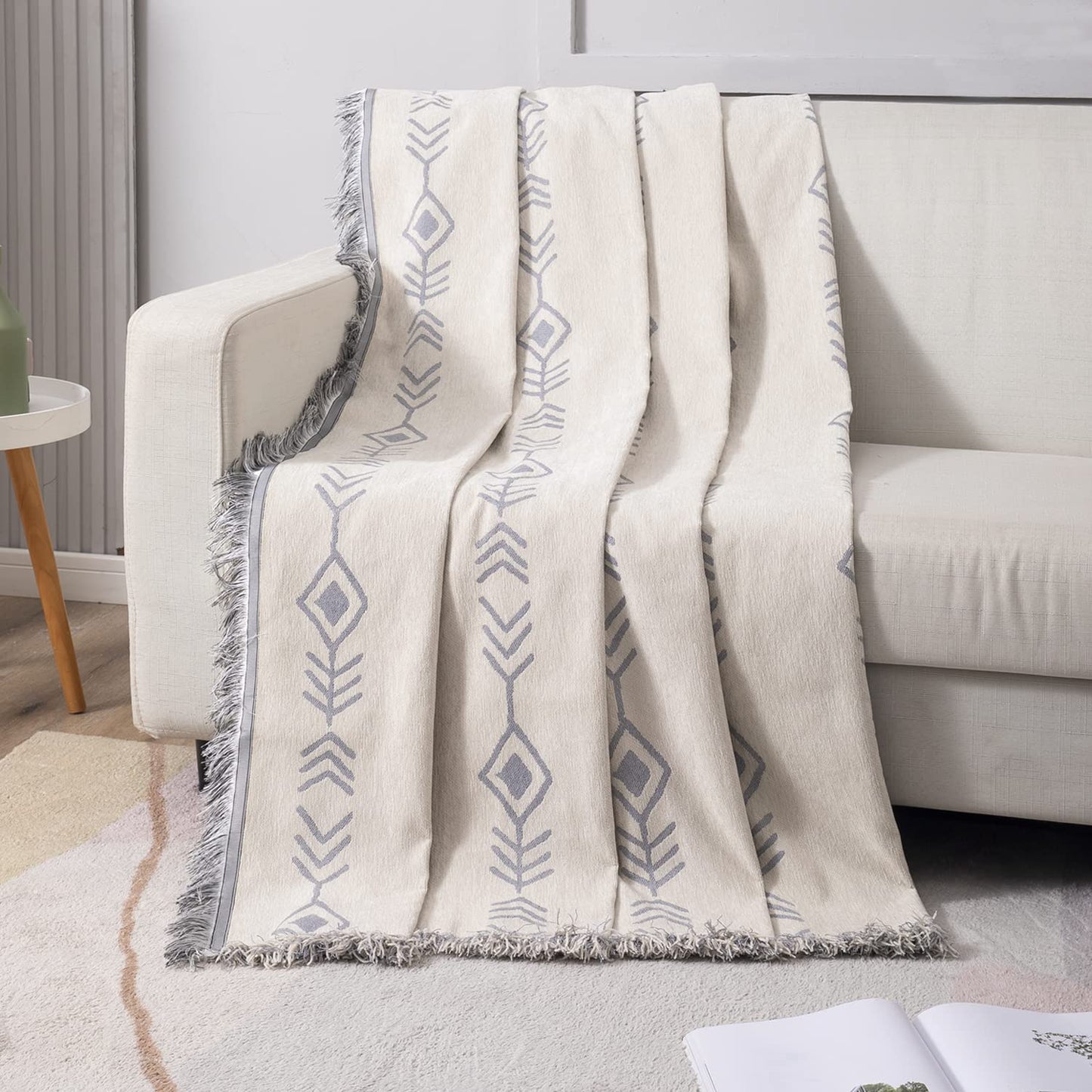 Thick, Soft and Pet Friendly Chenille Sofa Cover Throw, Off-White Aztec