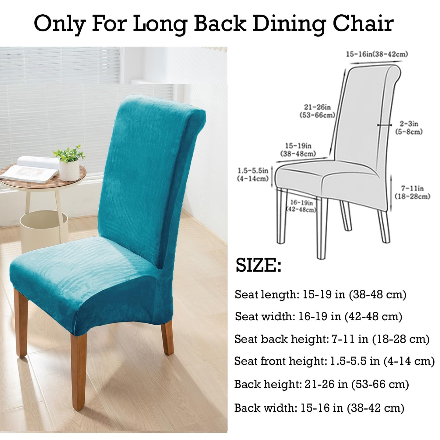 Elastic Stretchable Premium Velvet Long Back Dining Chair Cover, Turquoise