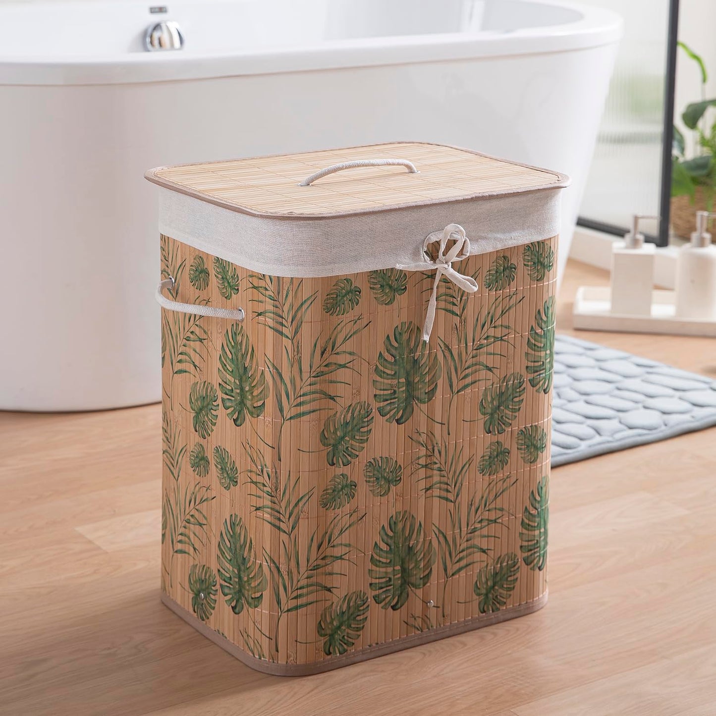 Eco-Friendly Foldable Bamboo Laundry Basket Hamper with Lid, Large - 60 Liter, Tropical Leaves