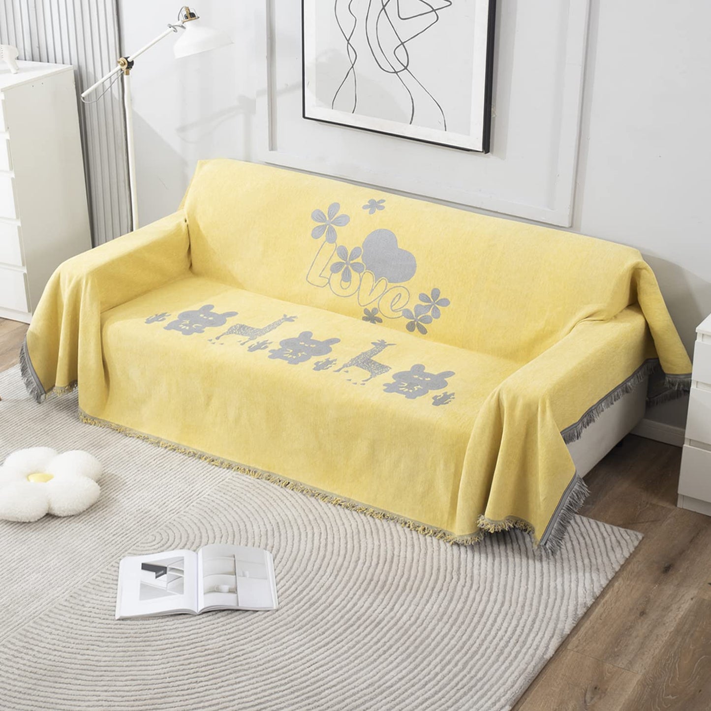 Yellow Nature Chenille Sofa Throw Blanket | 1/2/3 Seater Couch Throw