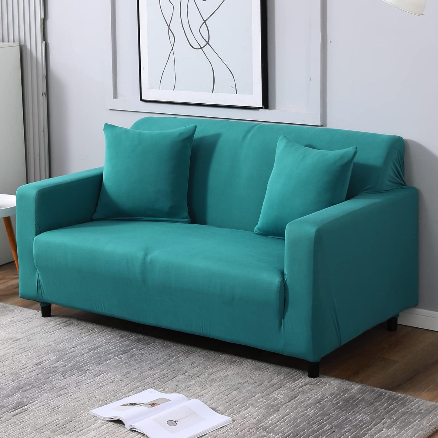 Dark Cyan colour plain stretchable full fitted two seater sofa cover