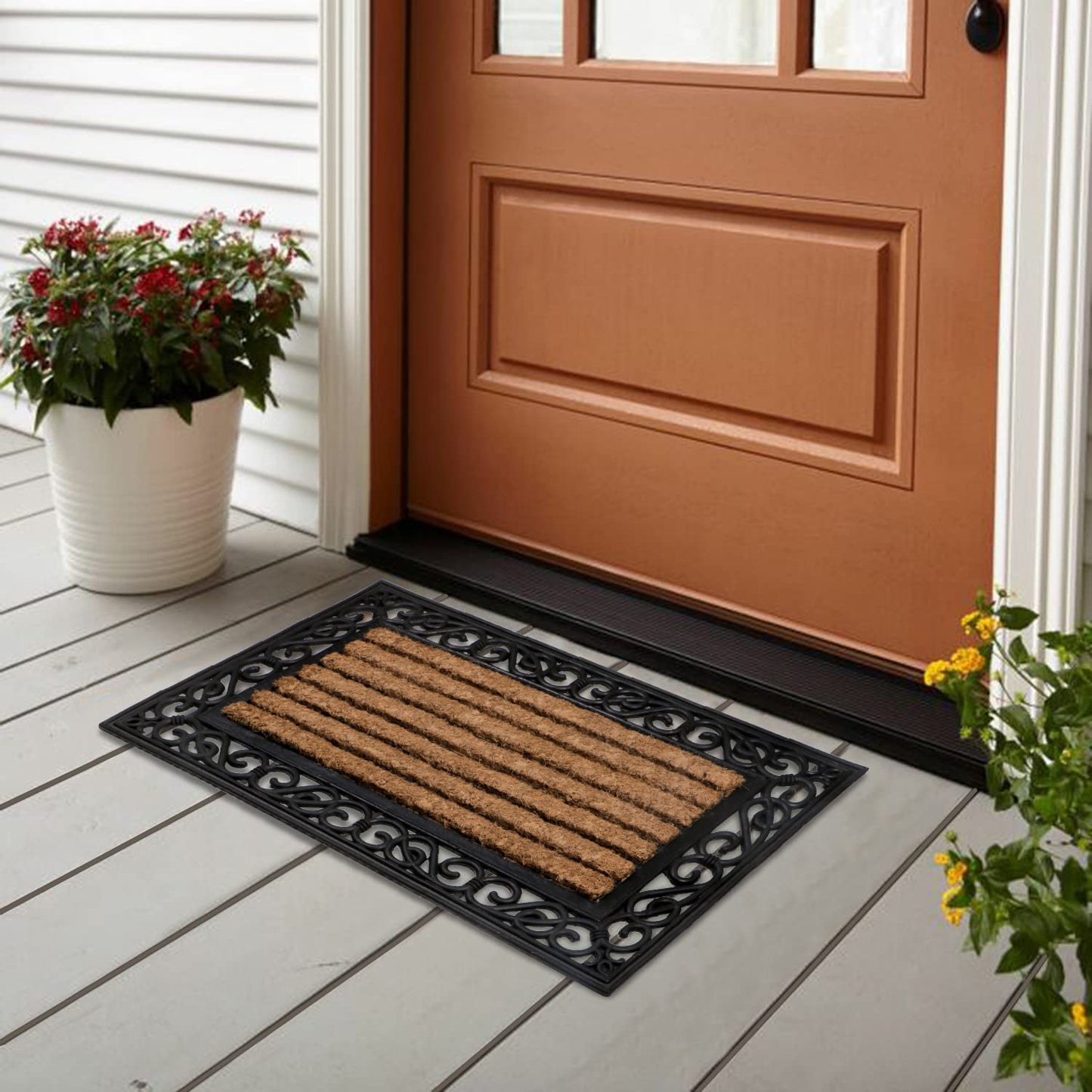 Natural Rubber Coir Rectangular Doormat with Designer Border, Anti-Slip Rubber Backing, 45x75 cm