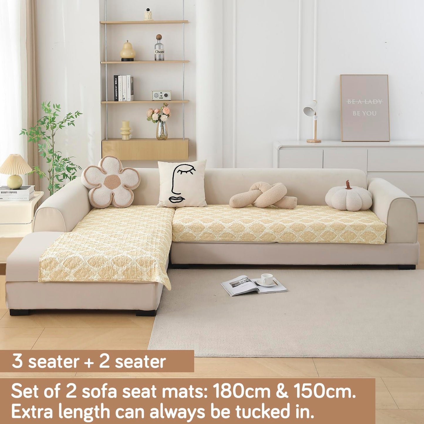 Quilted Printed L Shape Sofa Cover Mat for 2+2/3+2/3+3 Seater, Ogee Ivory