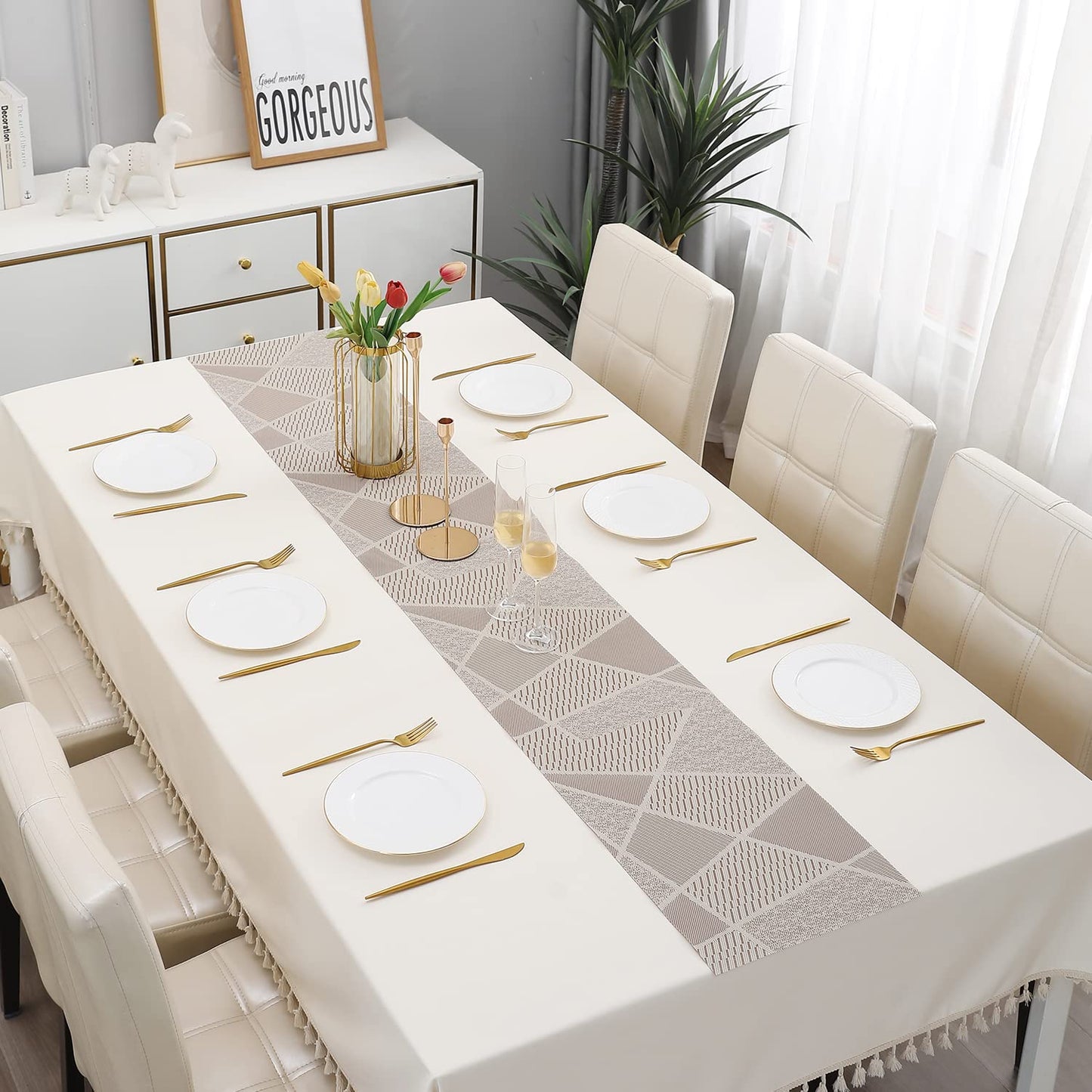 PVC Table Runner, Abstract Beige