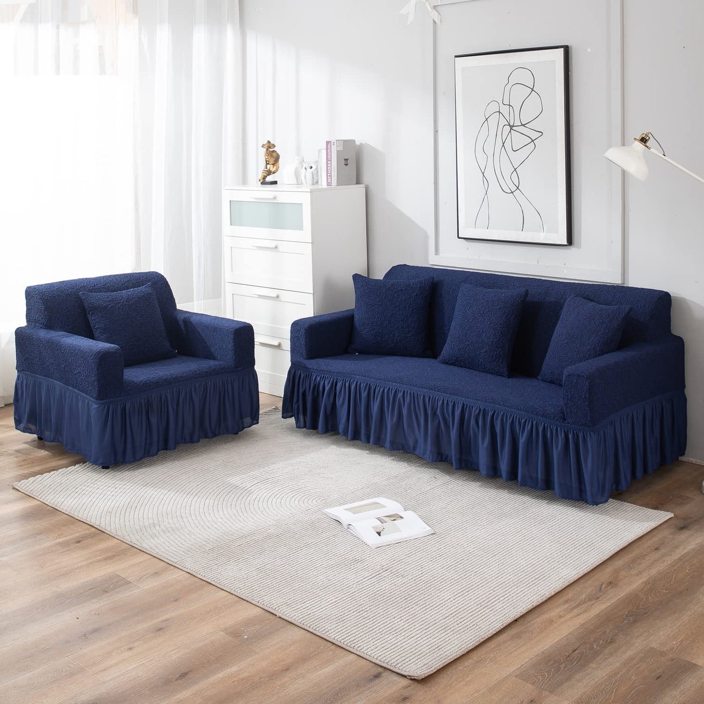 Navy Blue Colour Woven Jacquard Zippered Square Sofa Pillow Covers