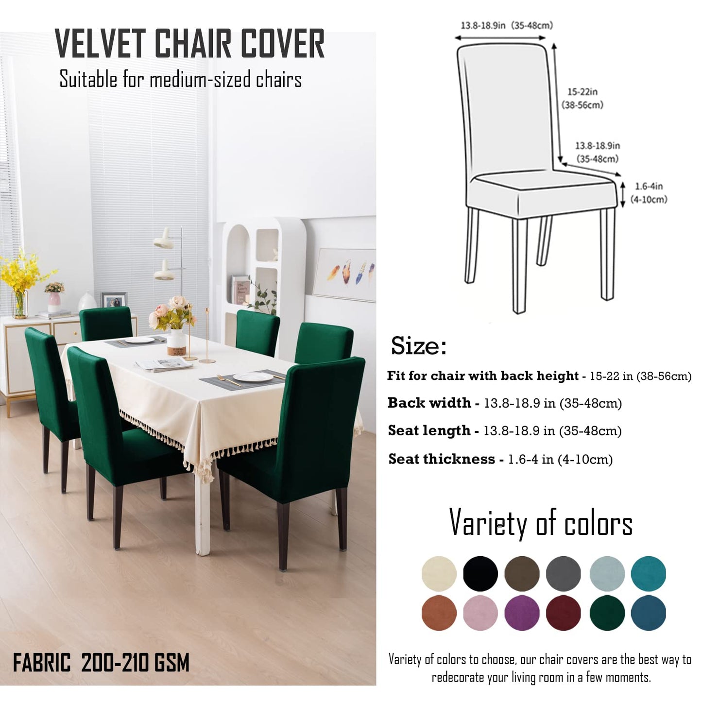 Elastic Stretchable Premium Velvet Dining Chair Cover, Hunter Green