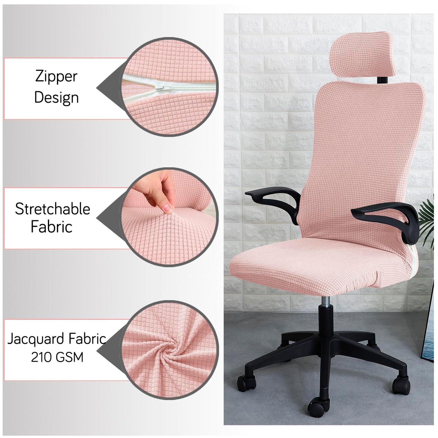Stretchable Jacquard Office Boss Chair Seat Cover with Headrest Cover for Computer Desk Chair, Pink