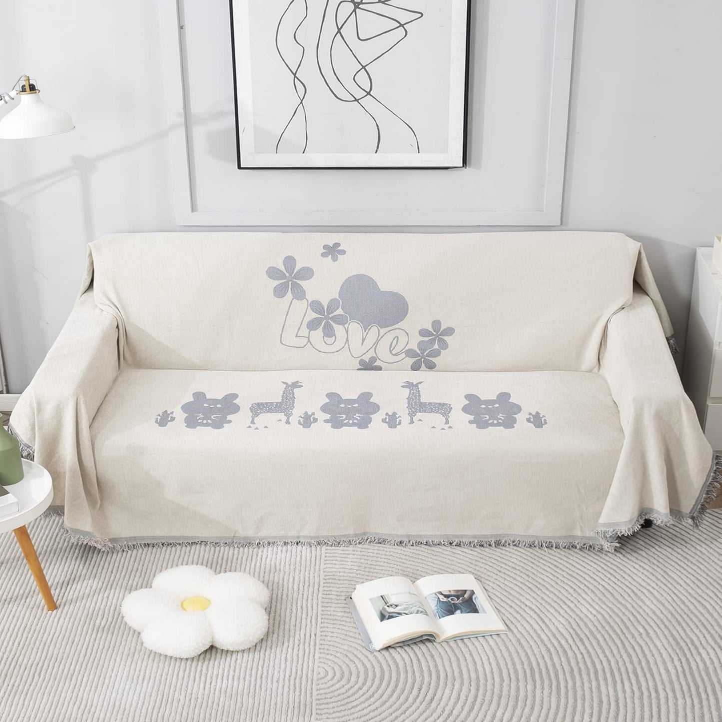 Off-White Nature, Soft and Pet Friendly Chenille Sofa Throw Cover