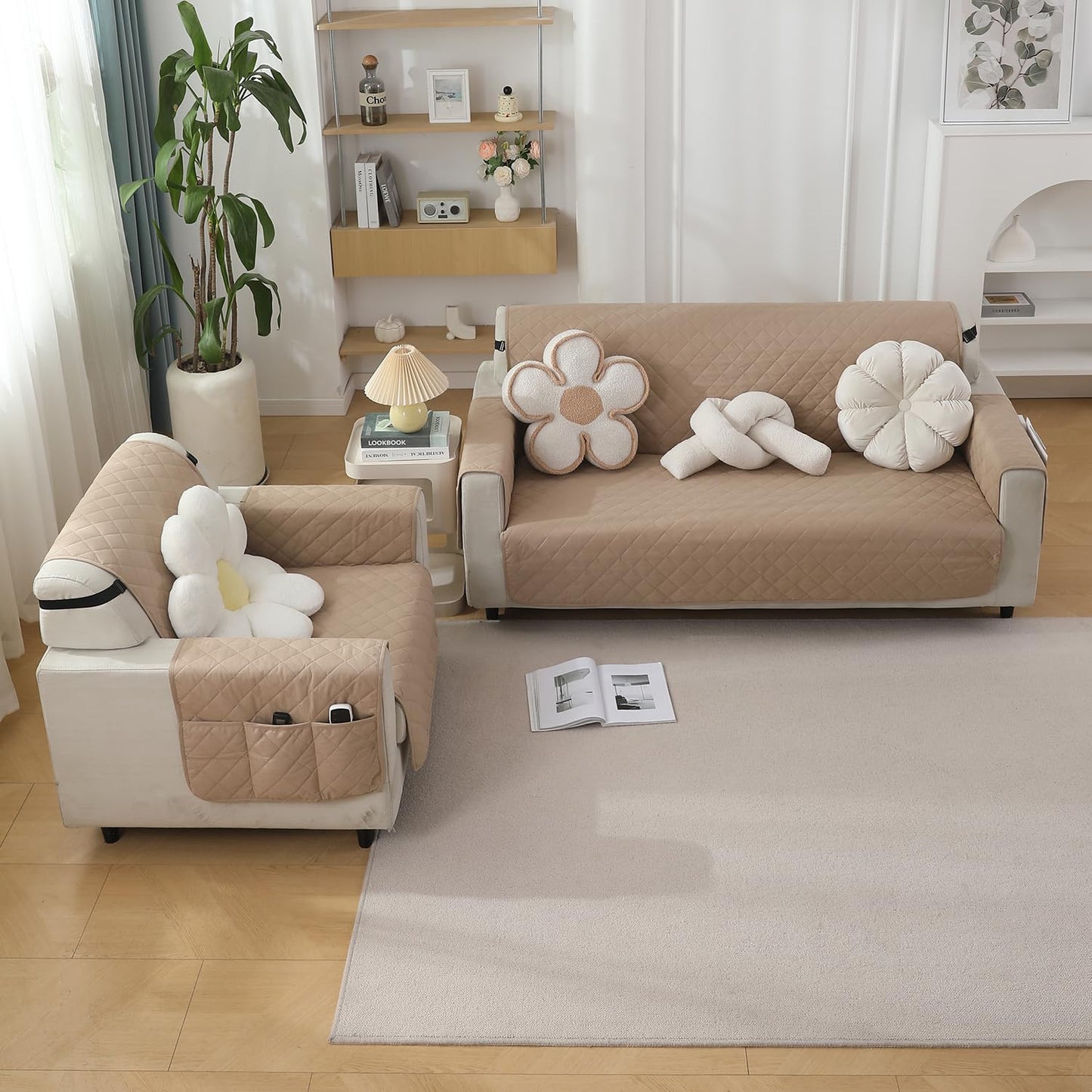 Quilted Waterproof Sofa Cover Mat with Pockets on Armrest Cover - Beige