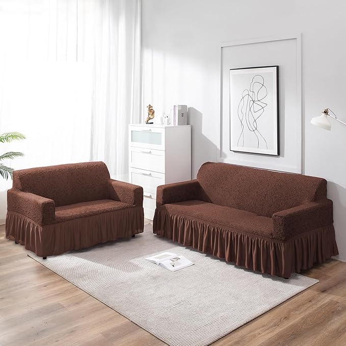 Elastic Stretchable Designer Woven Jacquard Sofa Cover with Frill and Cushion Cover, Pecan Brown