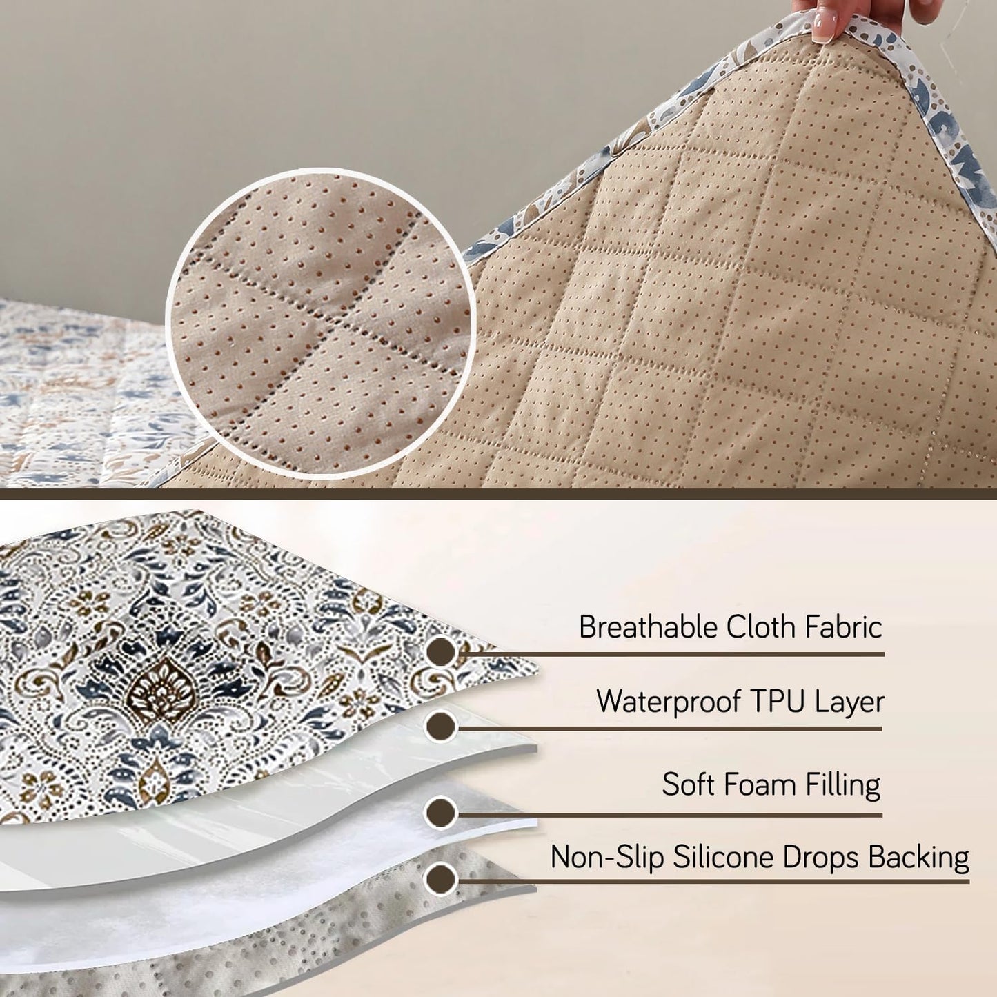 HOKIPO Quilted Waterproof Sofa Seat Mat with 2 Armrest Covers with Pockets, Damask White