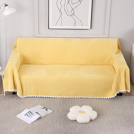 Buy Yellow colour chenille sofa throw in size 180(D)x180(L) for one seater, 180(D)x230(L) for two seater, 180(D)x300(L) for 3 seater