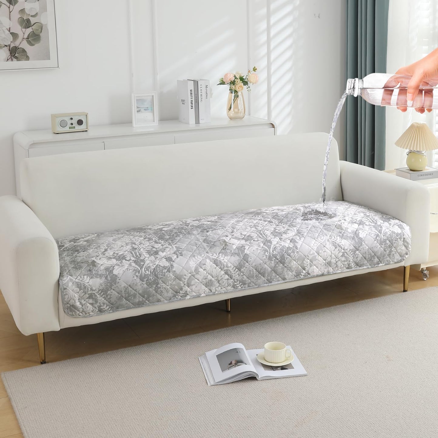 HOKIPO Quilted, Waterproof and Anti-Slip Sofa Cover Mat, Motifs Cloud Grey