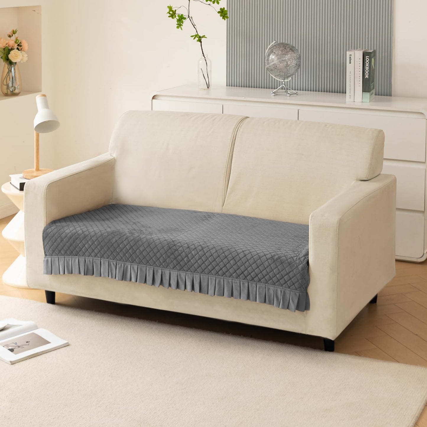 Holland Velvet Sofa Cover Seat Mat with Frill for 1/2/3 - Seater, Grey