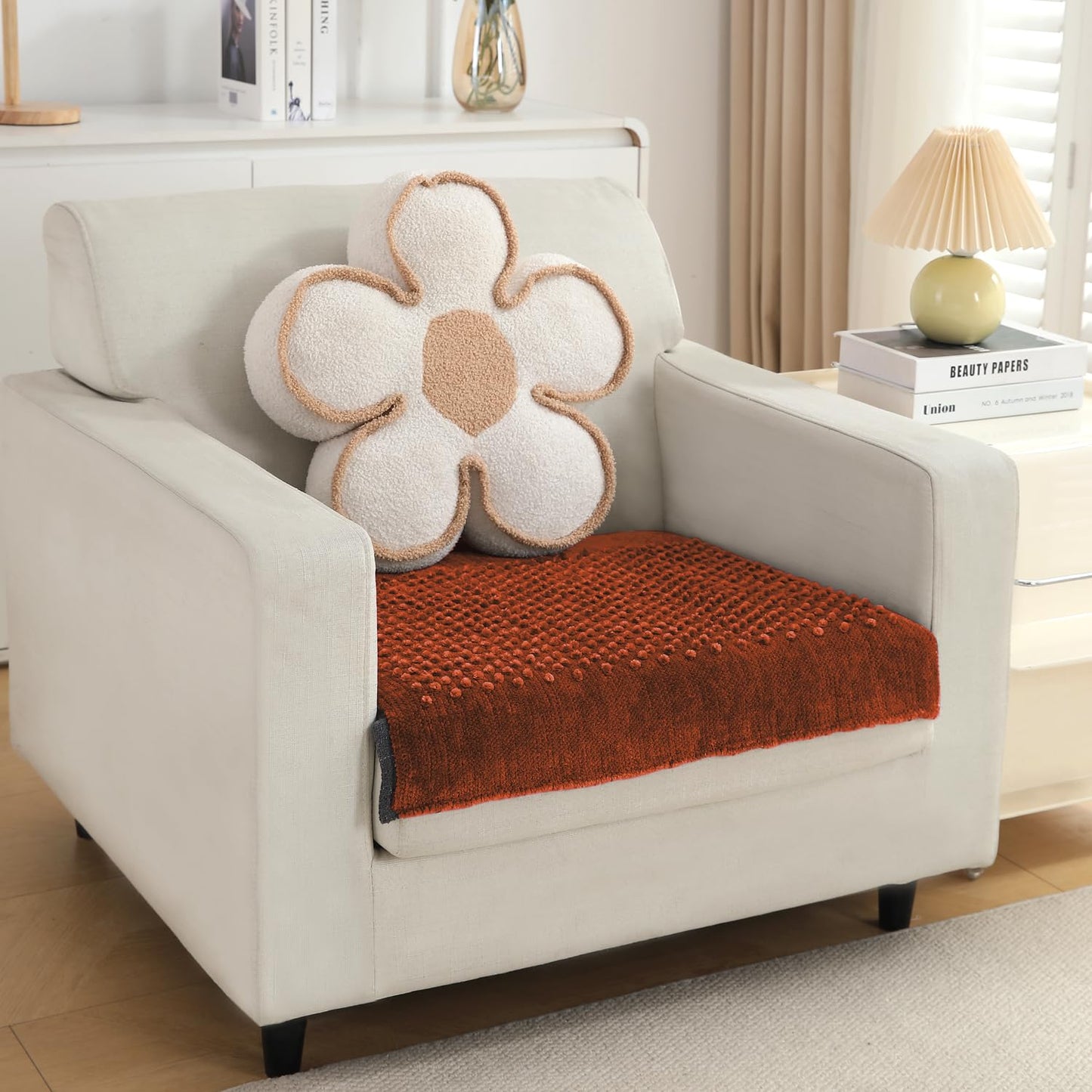 Handloom Made Thick Poly Velvet Reversible Sofa Mat for 1/2/3 Seater, Rust Brown