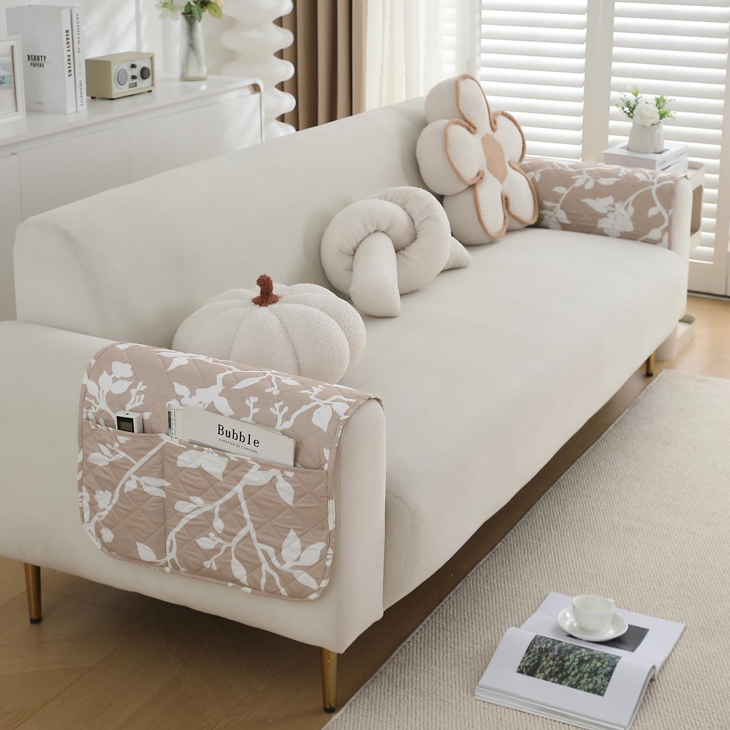 Water Repellent & Waterproof Sofa Armrest Covers with Pockets (Set of 2) - Buff Brown Sillehoute Floral