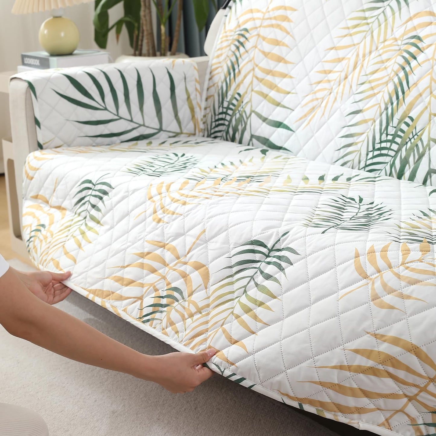 Quilted Waterproof Sofa Cover Mat with Pockets on Armrest Cover - Palm Leaves Forest Green