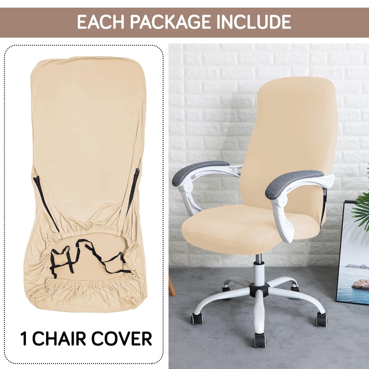 HOKIPO 140gsm Stretchable Office Chair Cover, Beige - Medium / Large