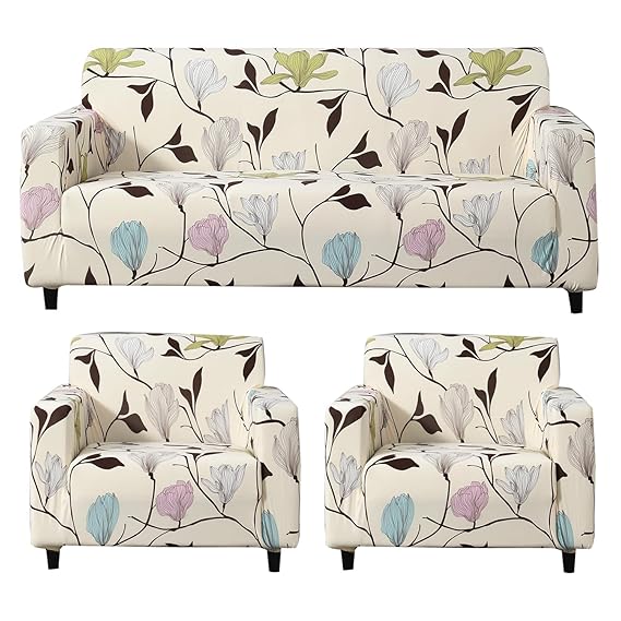 Elastic Stretchable Printed Sofa Cover, Beige Brown Leaves