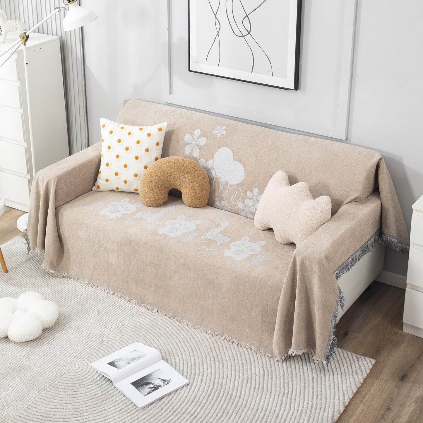 Beige Nature, Soft and Pet Friendly Chenille Sofa Cover Throw