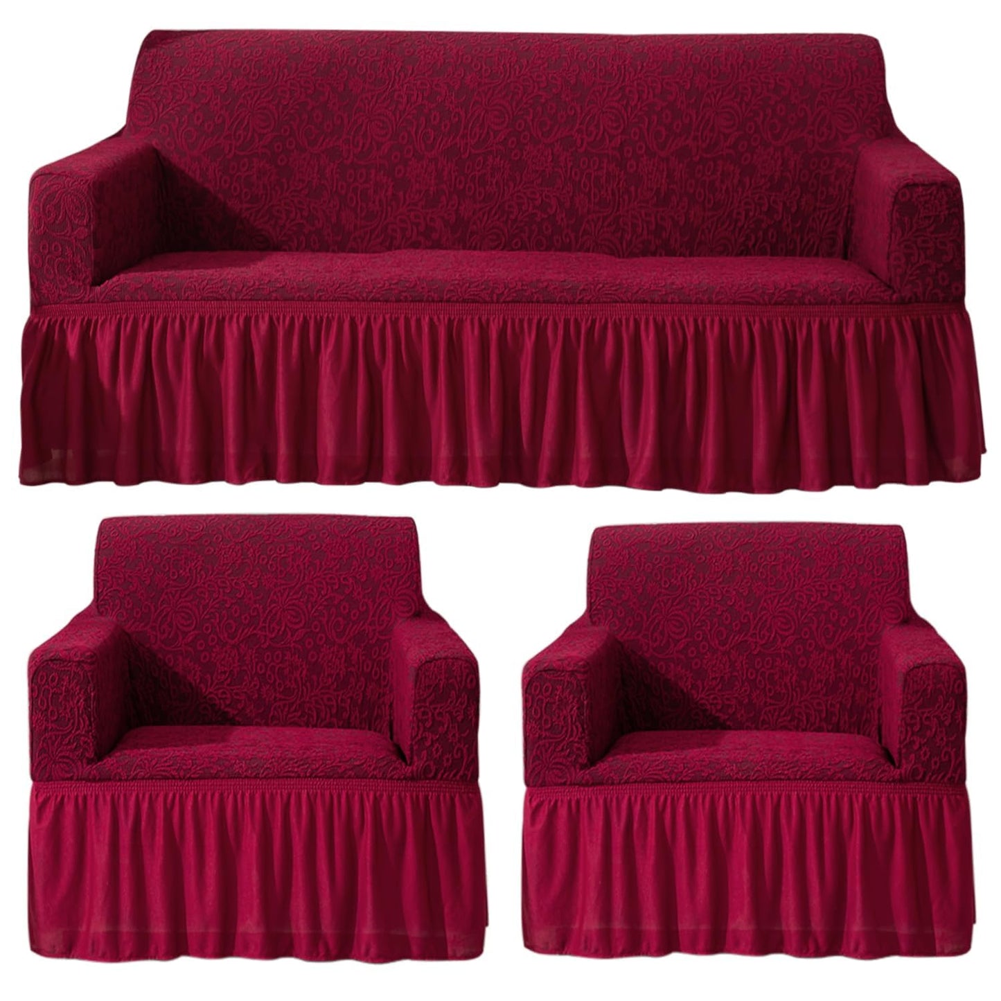 Wine Red stetchable designer woven jacquard frill sofa cover 3 1 1