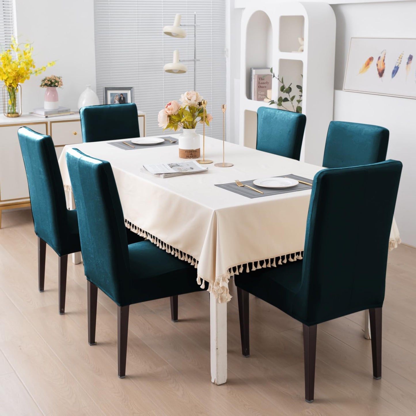 Elastic Stretchable Premium Velvet Dining Chair Cover, Peacock Blue