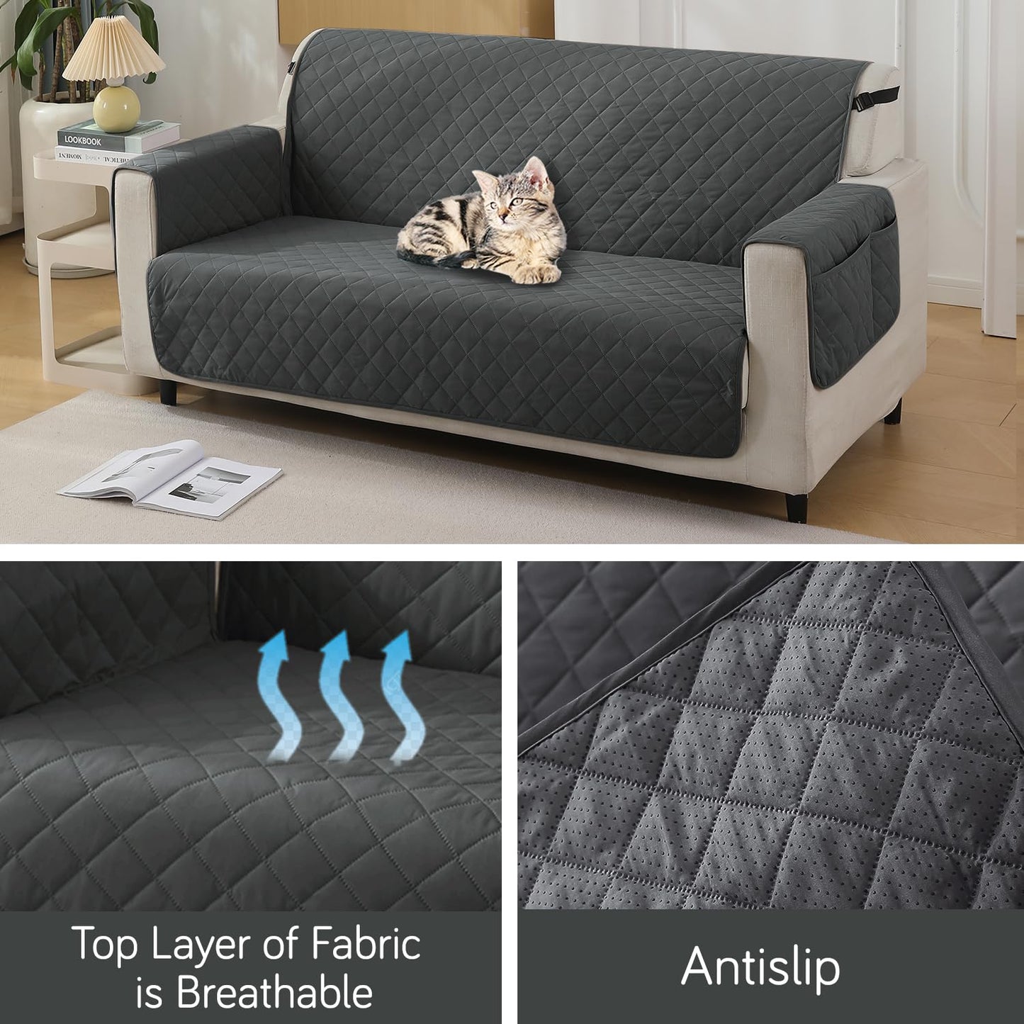 Quilted Waterproof Sofa Cover Mat with Pockets on Armrest Cover - Grey