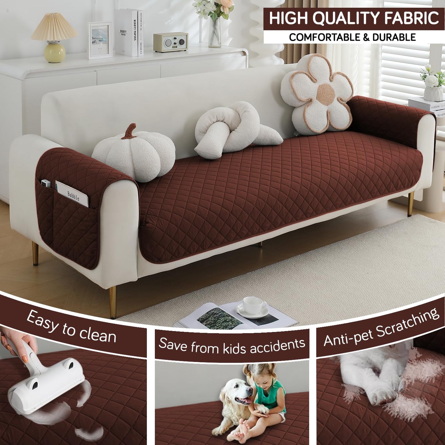 HOKIPO Quilted Waterproof Sofa Seat Mat with 2 Armrest Covers with Pockets, Brown