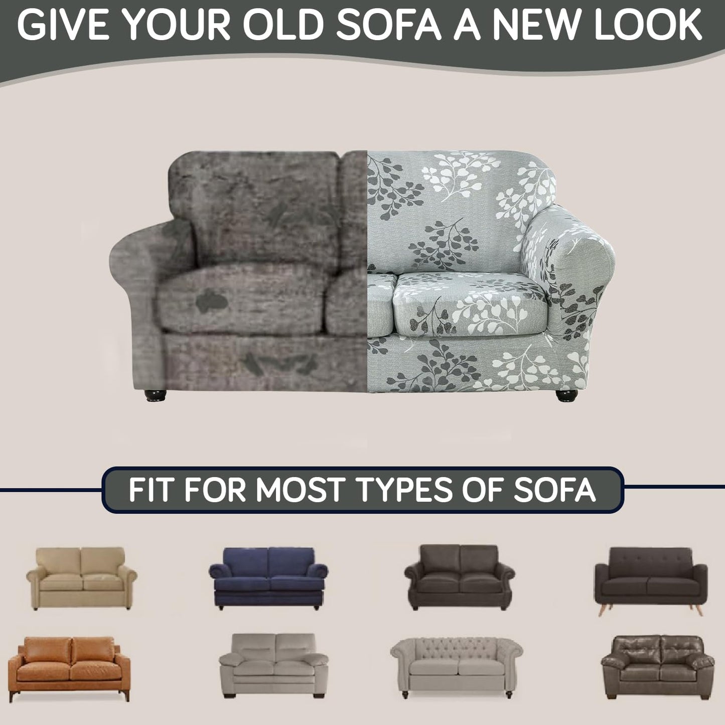 Printed Stretchable Sofa Slipcover with 1/2/3 Pc Separate Seat Cushion Cover for each 1/2/3 Seater, Grey Misty Branches