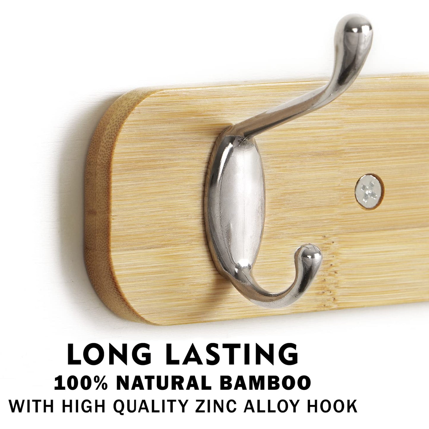 Bamboo Wooden Wall Mounted Hook Rail for Hanging Clothes - 3/4/5 Hooks Rail