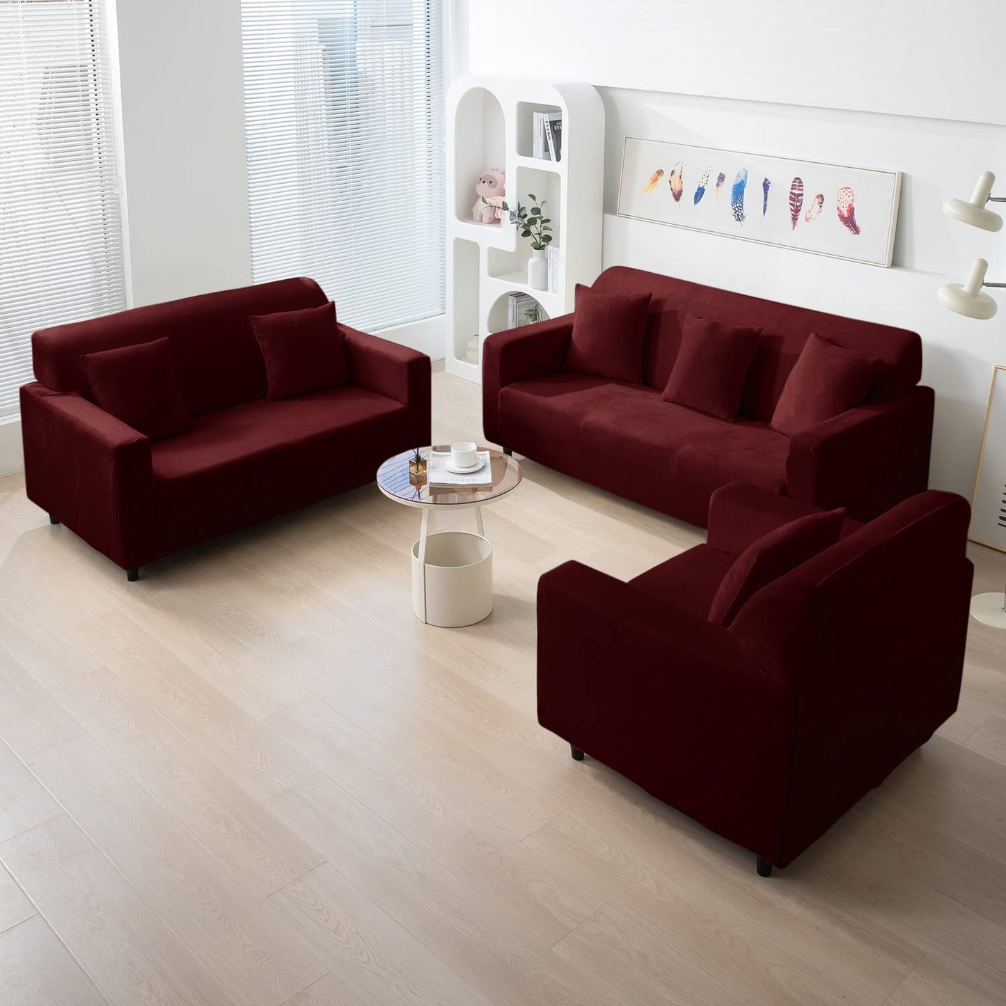 Burgundy elastic stretchable velvet sofa cover set available for 1, 2, 3, 4, 5, 6 & 7 seater sofas