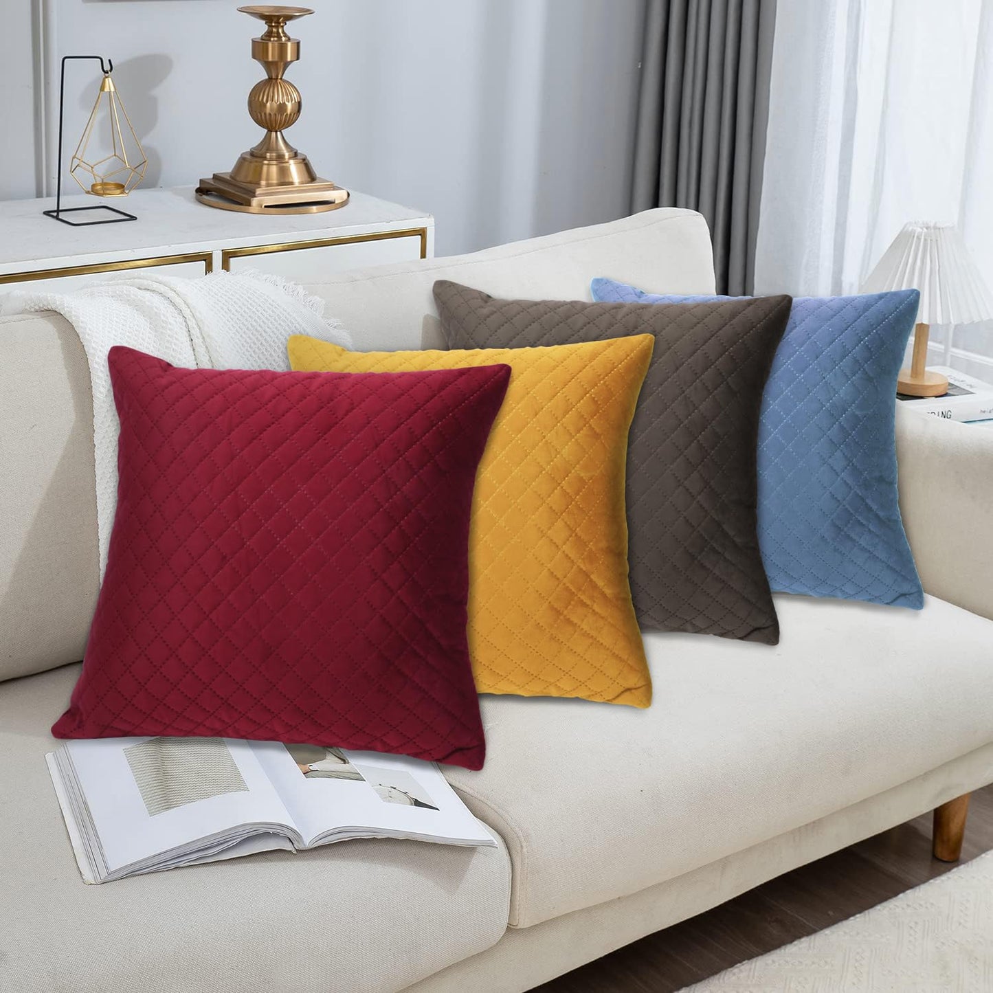HOKIPO Quilted Velvet Sofa Cushion Cover Pack of 2, Placid Blue