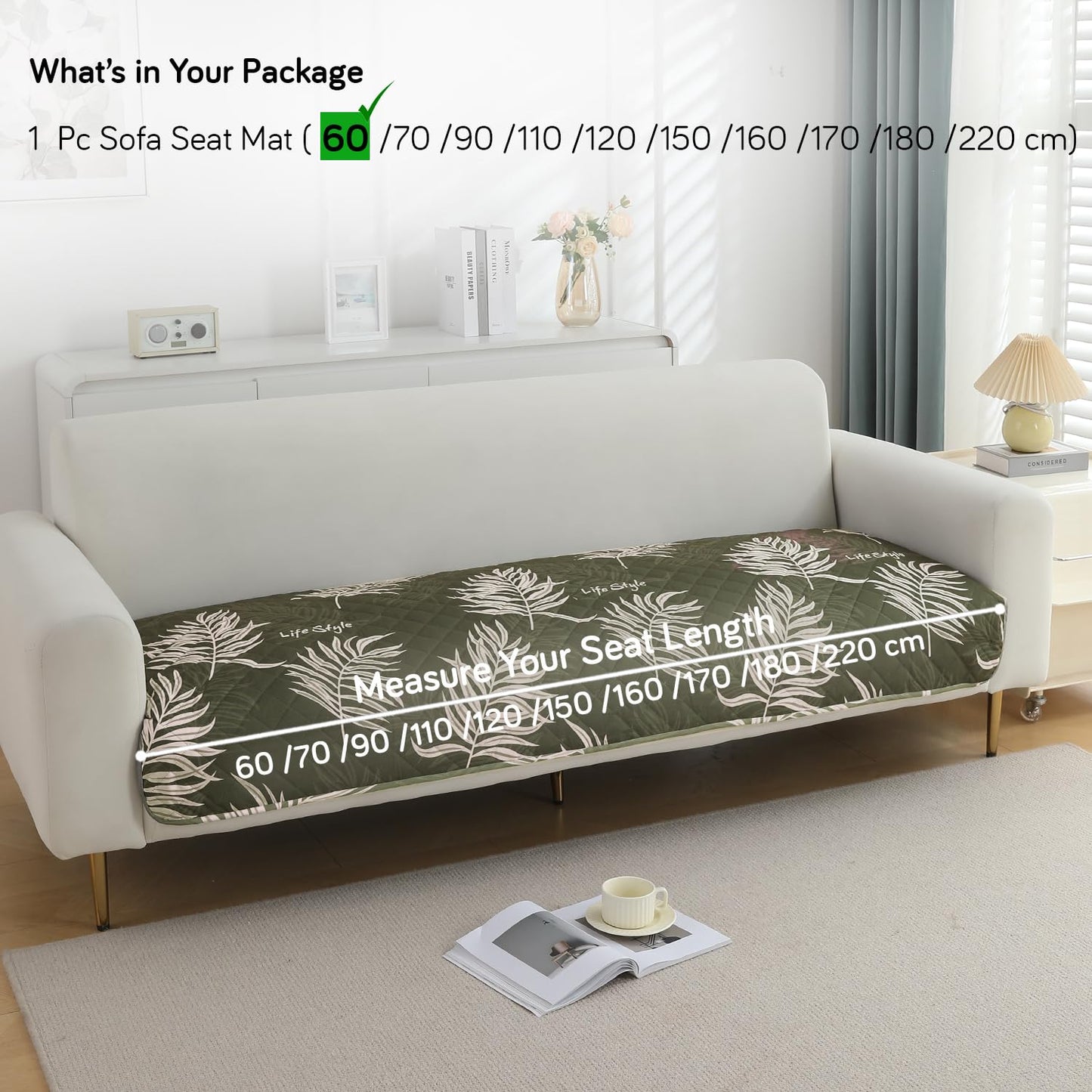Quilted, Waterproof and Anti-Slip Sofa Cover Mat, Palm Leaves Olive