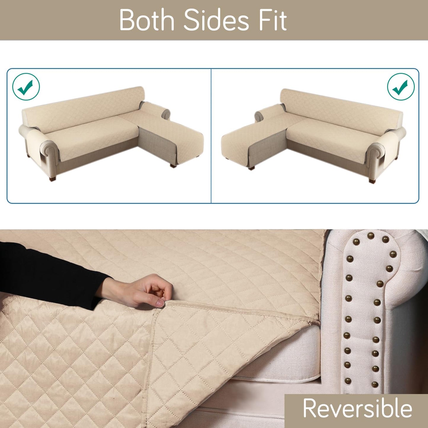 HOKIPO Quilted Reversible One Piece L Shape 4/5/6 Seater Sofa Cover Mat, Beige
