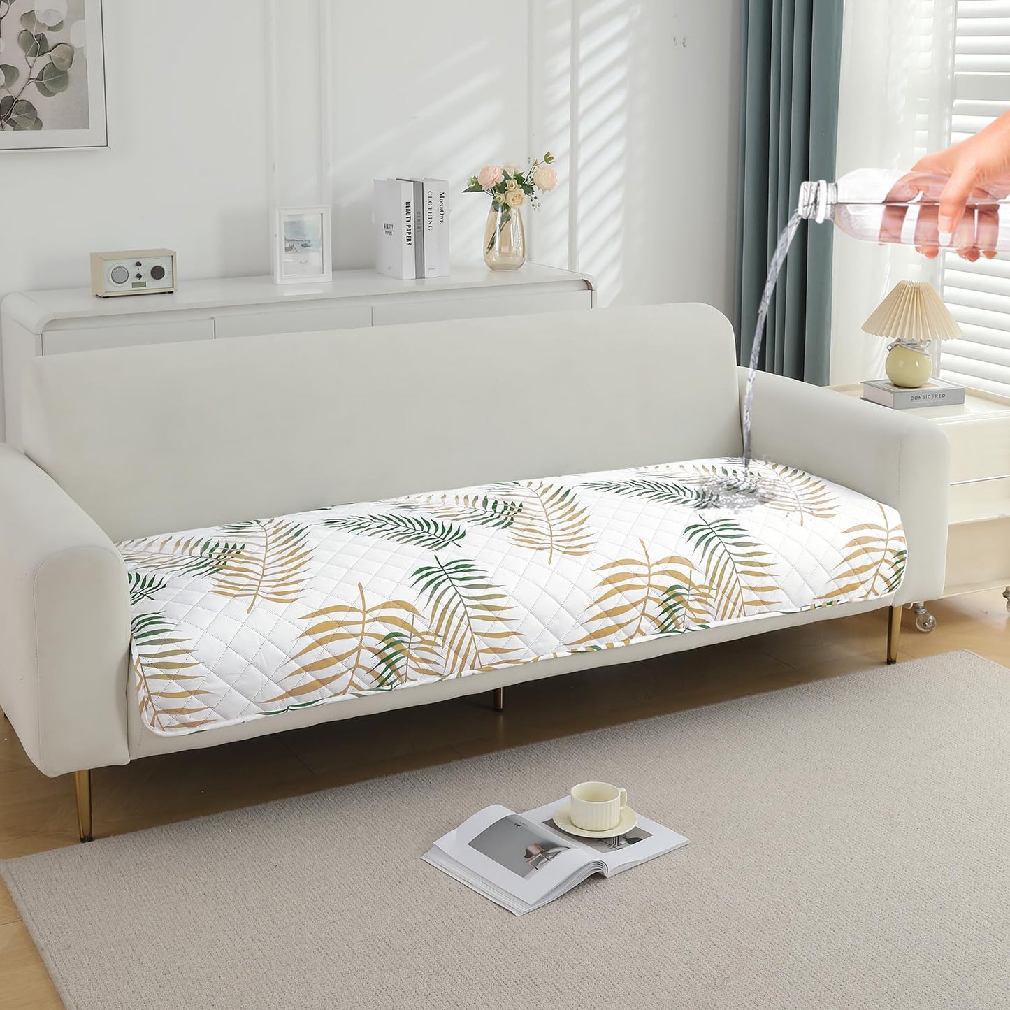 Quilted, Waterproof and Anti-Slip Sofa Cover Mat, Palm Leaves Forest Green