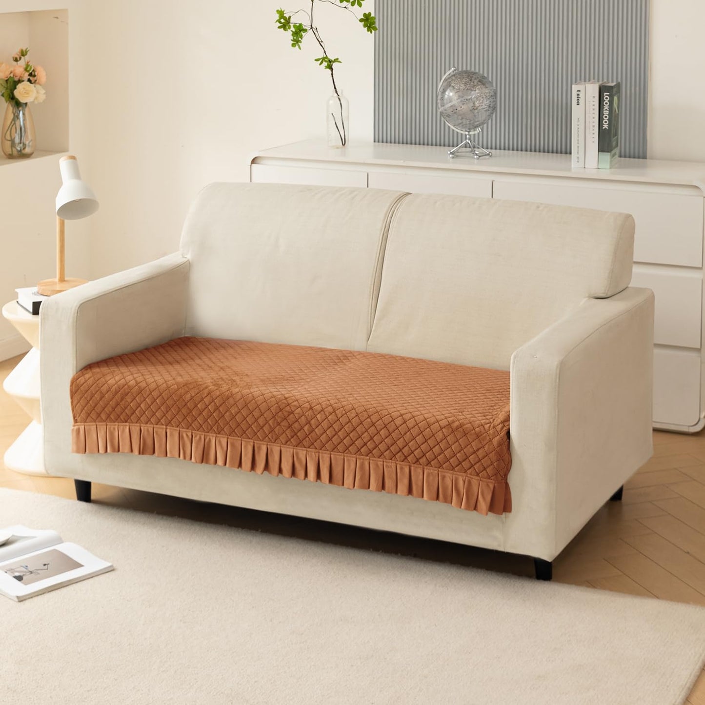 Holland Velvet Sofa Cover Seat Mat with Frill for 1/2/3 - Seater, Copper