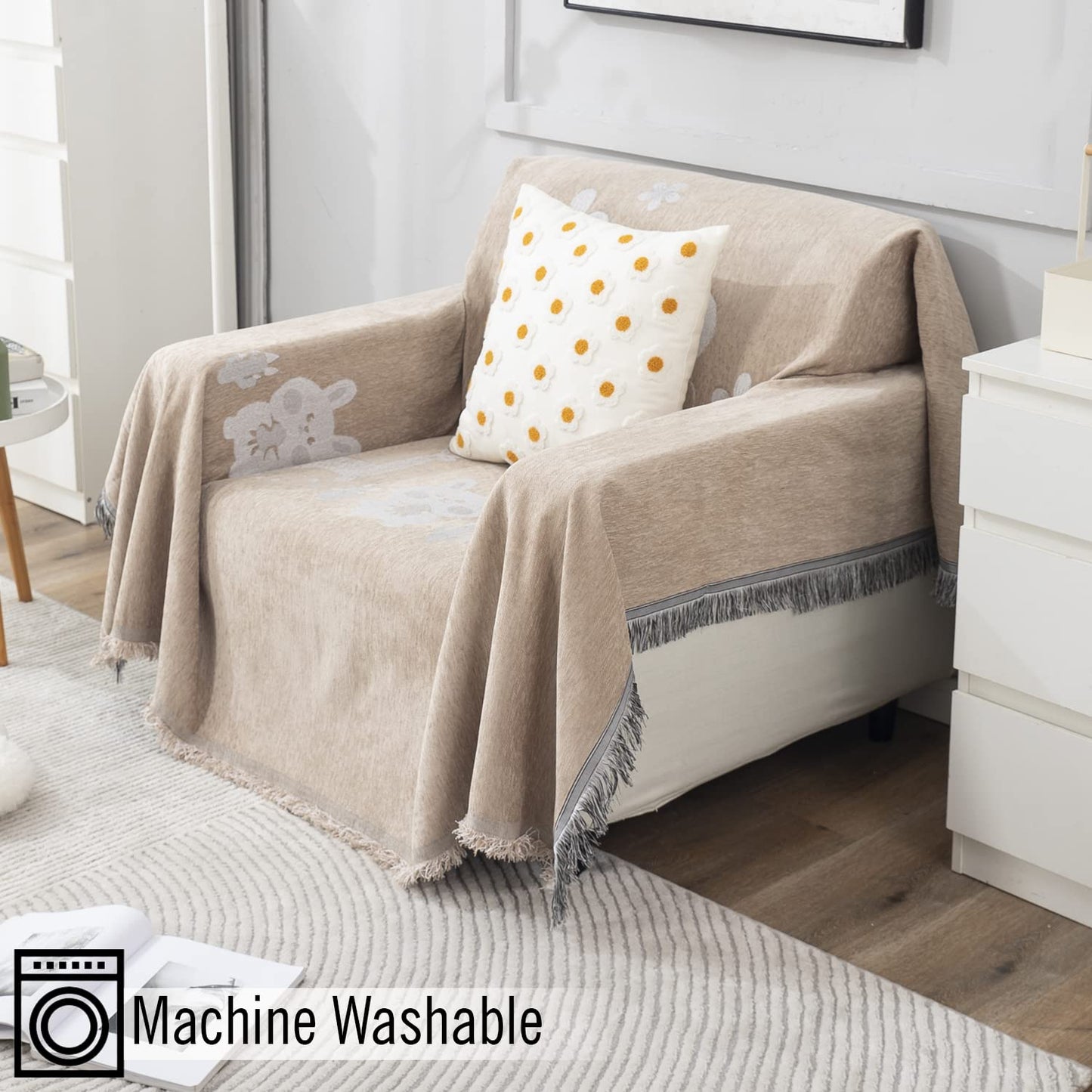 Beige Nature, Soft and Pet Friendly Chenille Sofa Cover Throw