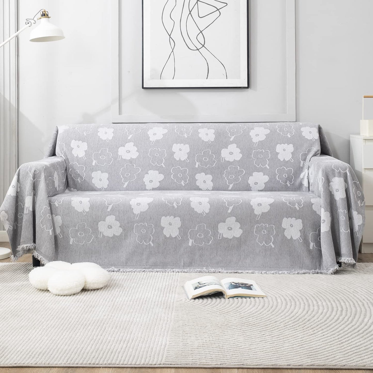 Grey Floral Chenille Sofa Throw | Thick & Soft for 1/2/3 Seater