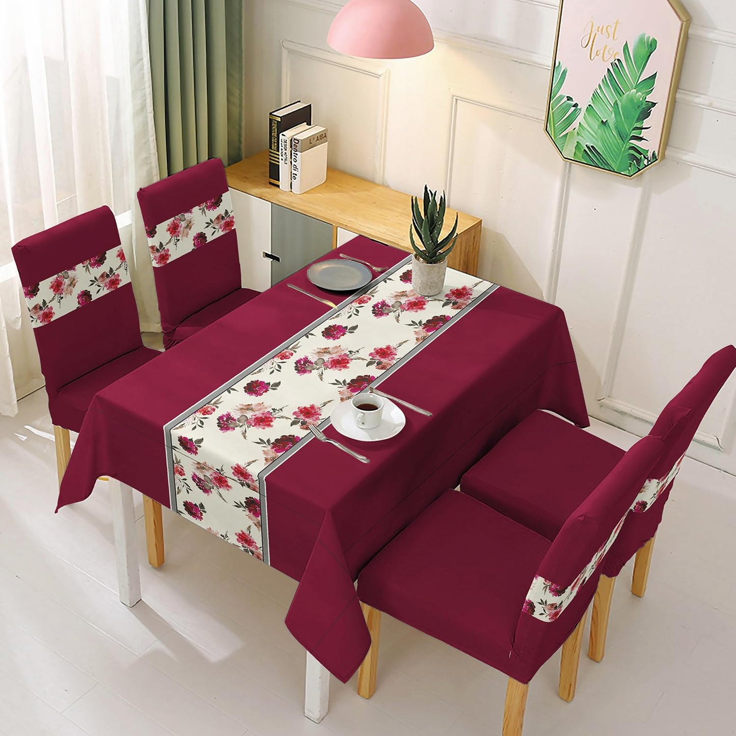 Polyester Dining Chair Covers Set of 4/6 with Matching Tablecloth, Floral Wine