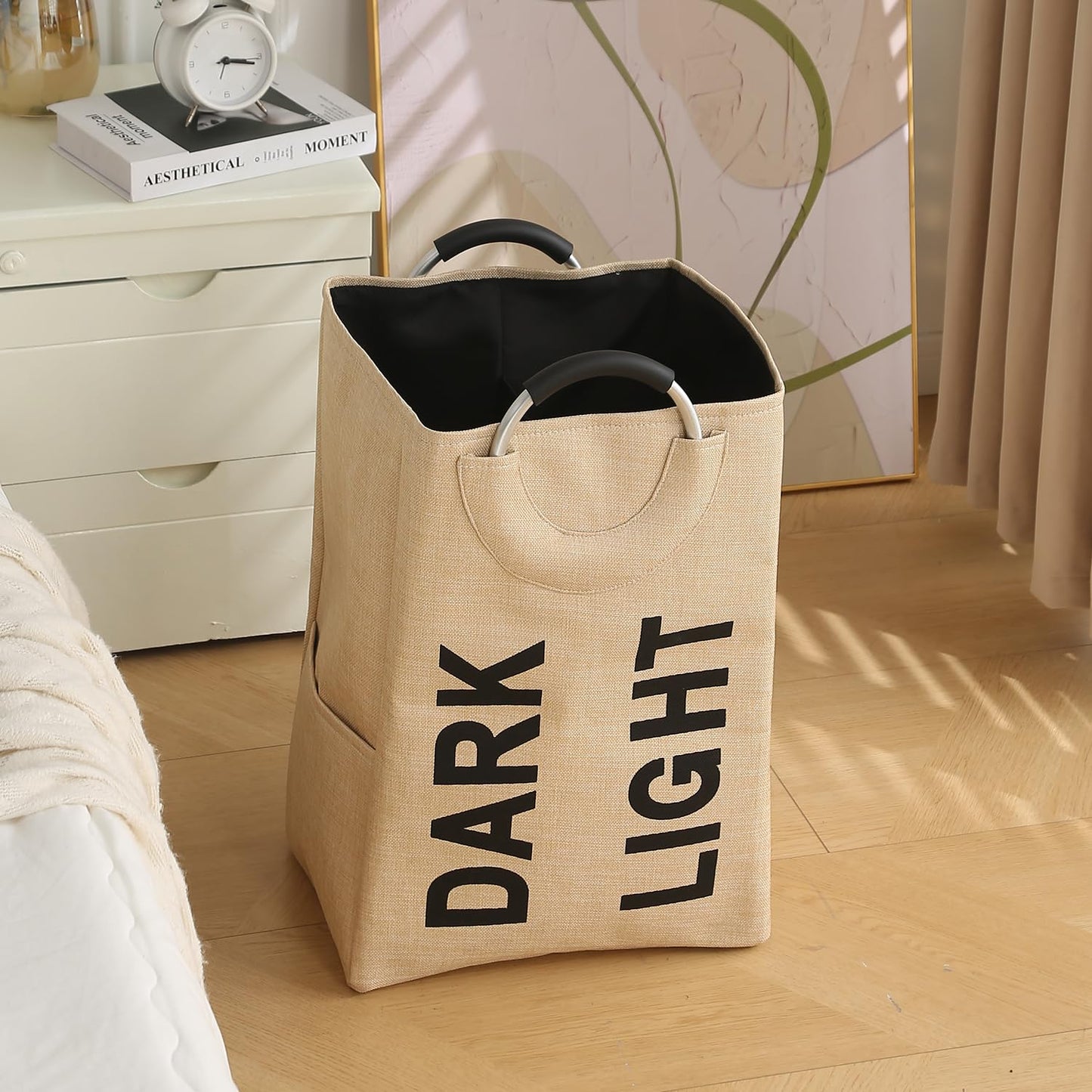Folding Laundry Bag for Clothes Hamper Basket, Collapsible Storage Basket, Beige