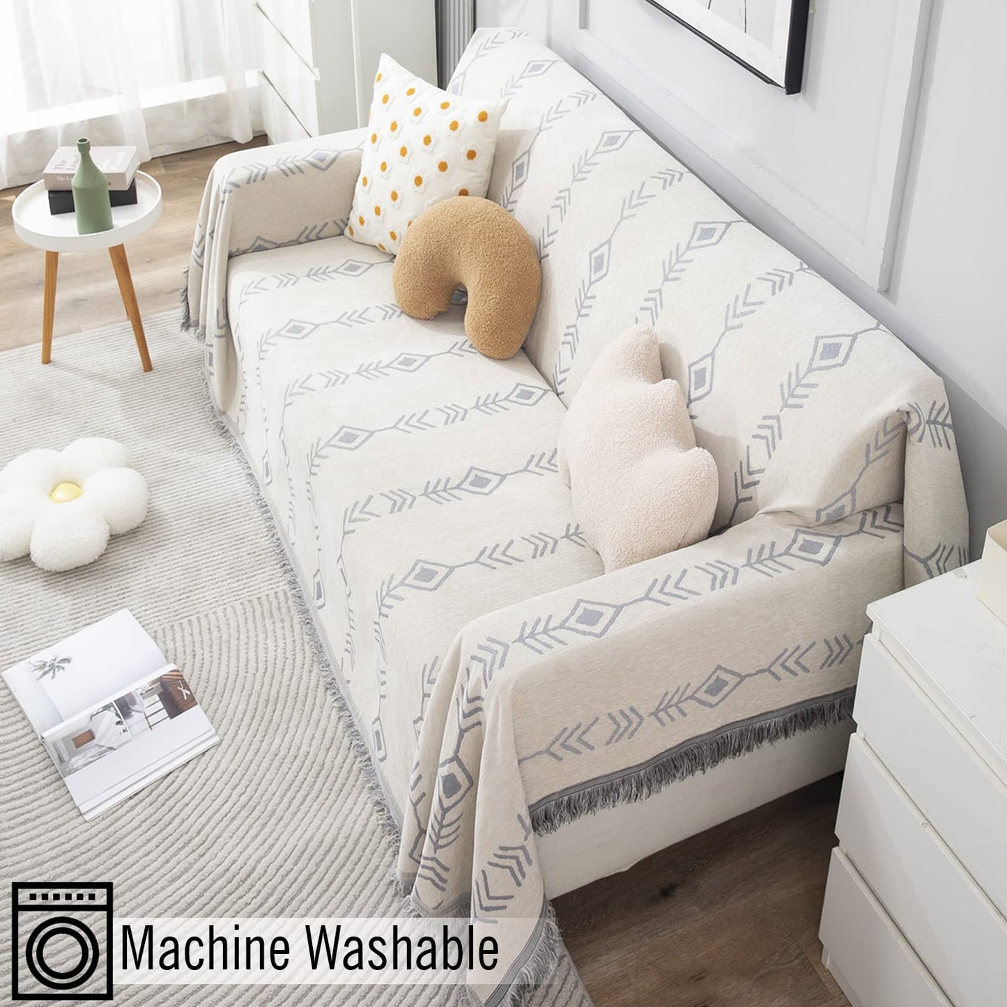 Thick, Soft and Pet Friendly Chenille Sofa Cover Throw, Off-White Aztec