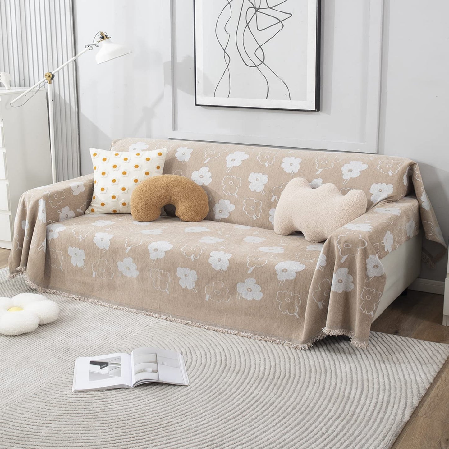 Beige Floral, Thick, Soft and Pet Friendly Chenille Sofa Cover Throw