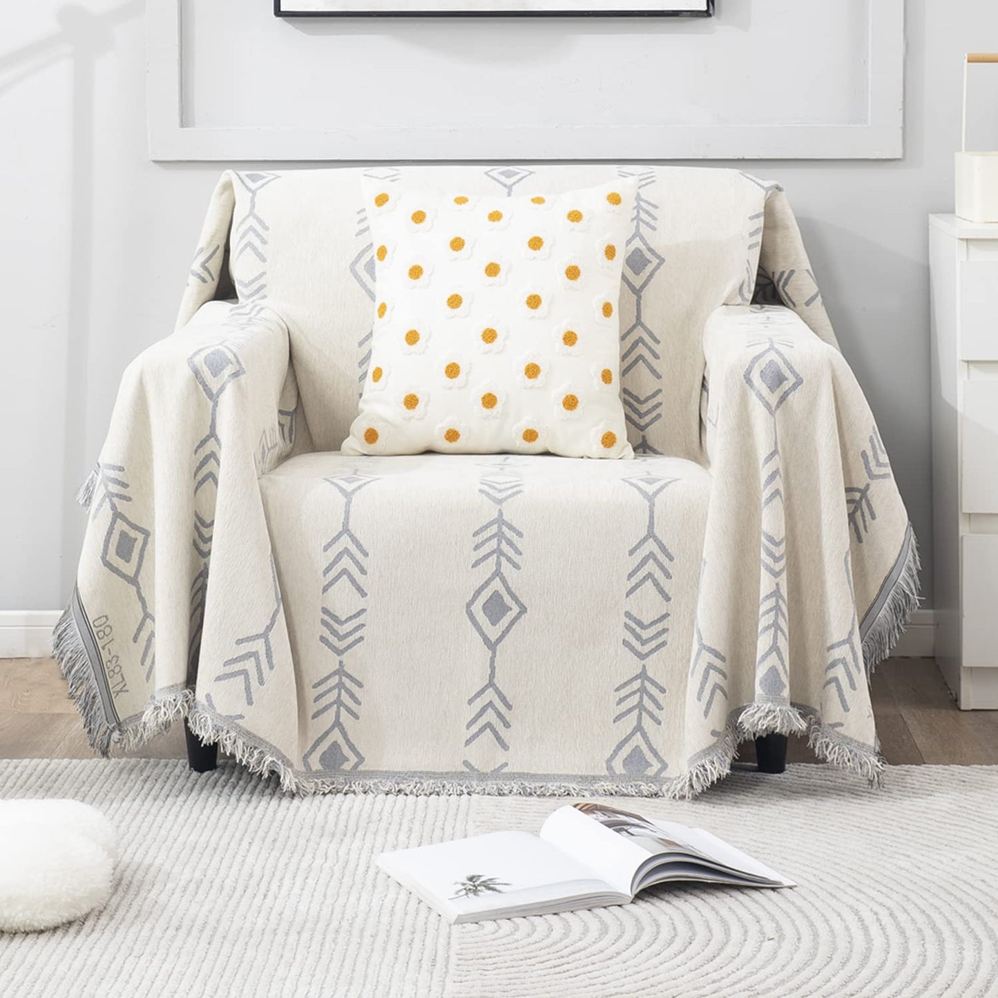Thick, Soft and Pet Friendly Chenille Sofa Cover Throw, Off-White Aztec